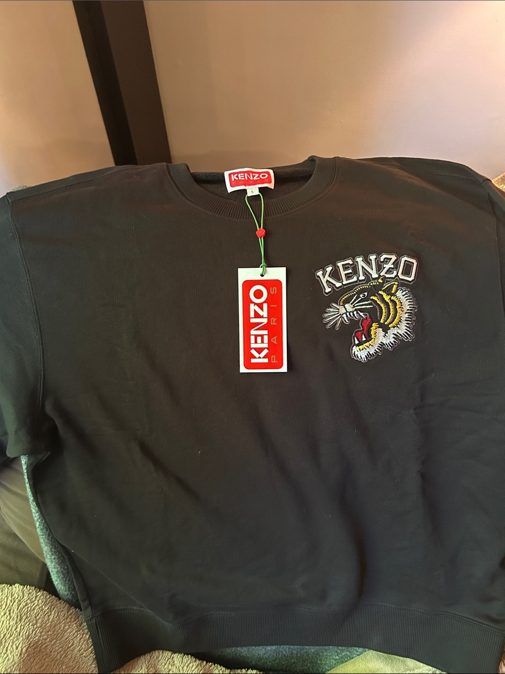 Kenzo Men’s Black Sweatshirt with Embroidered Tiger and White Logo